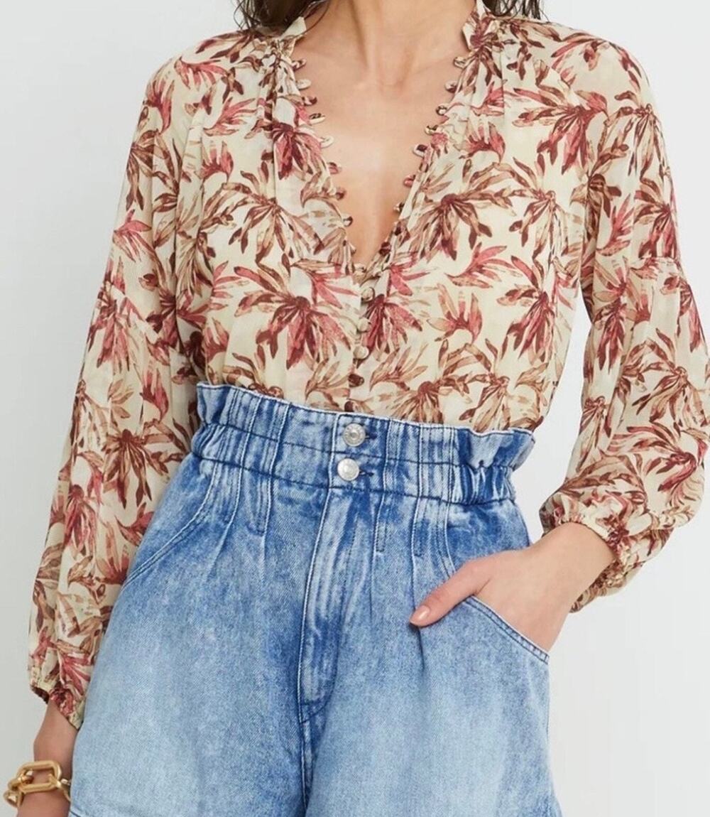 Melloday Chiffon Blouson Top Beige Botanical Print L
